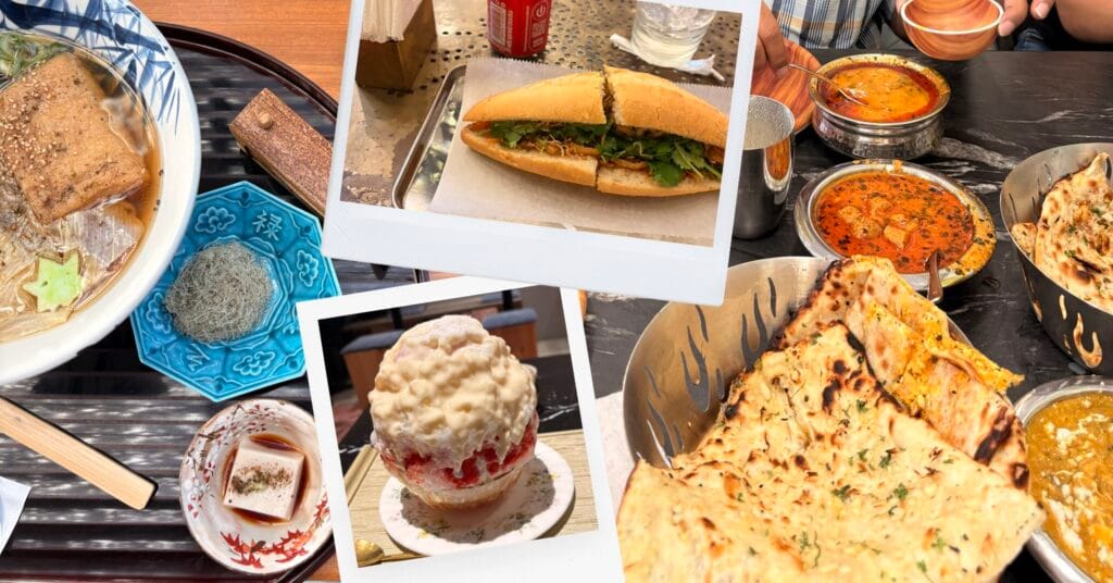 Photos of food, soba noodles, banh mi, shaved ice, and Indian food.
